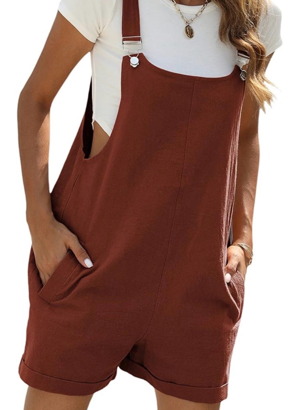 Rust-Tone Short Cotton Linen Overalls with Adjustable Straps